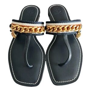 Tory Burch Mini Benton Chain Band Sandal Navy/Tan, US 9.5